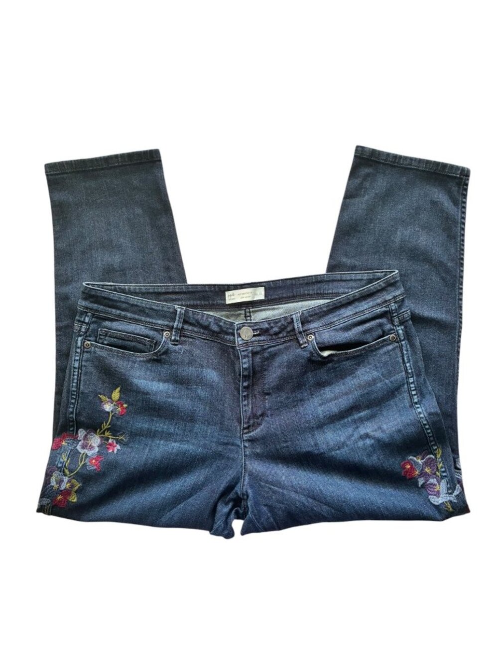 J Jill Denim Authentic Fit Slim Ankle Jeans Floral Embroidered Size 14 Blue